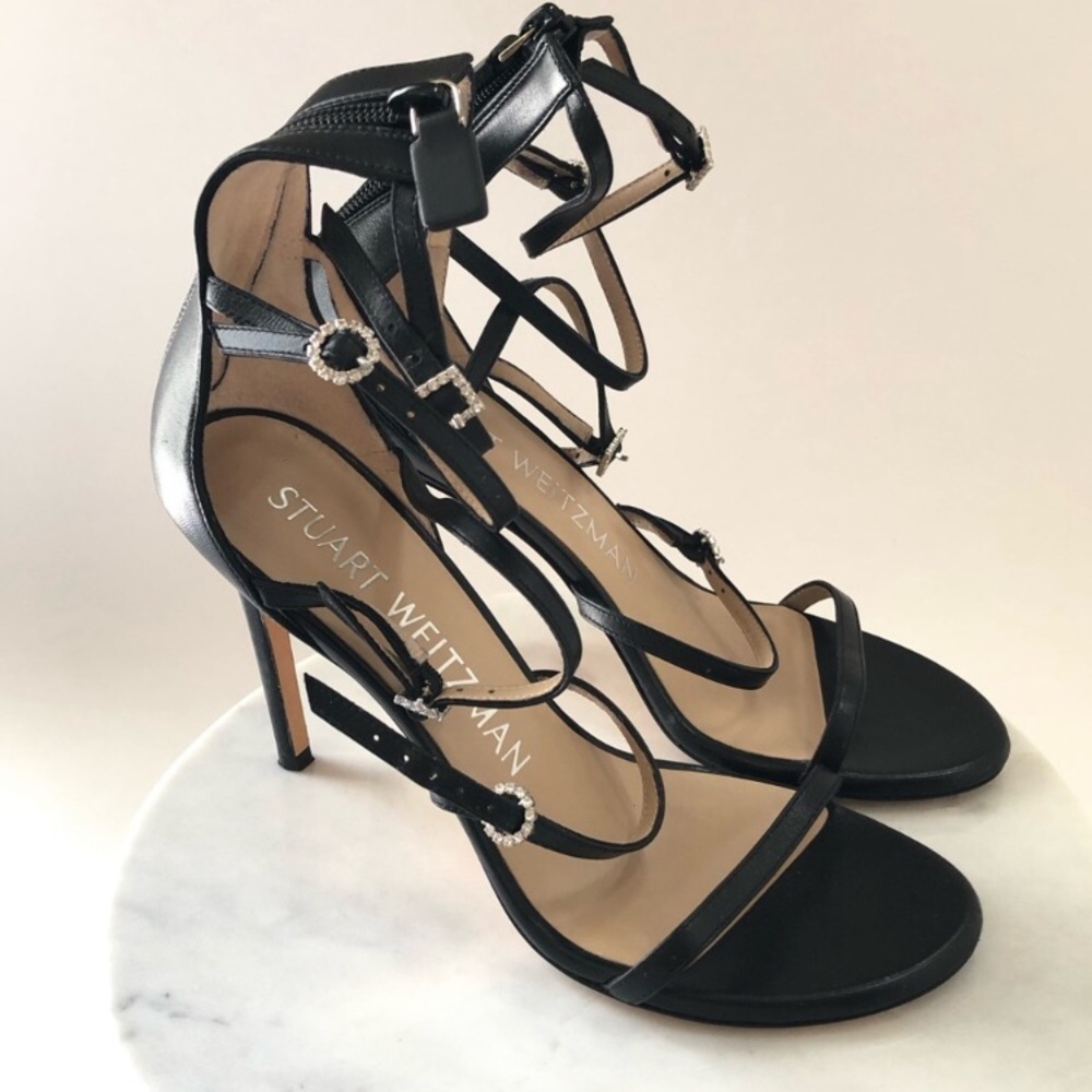 Stuart Weitzman Black Crystal Geo Buckle Strappy Gladiator Rhinestone Heels